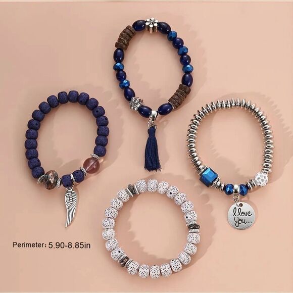 I Love You Heart Charm 4 Piece Boho Beaded Bracelet Set - Picture 4 of 5